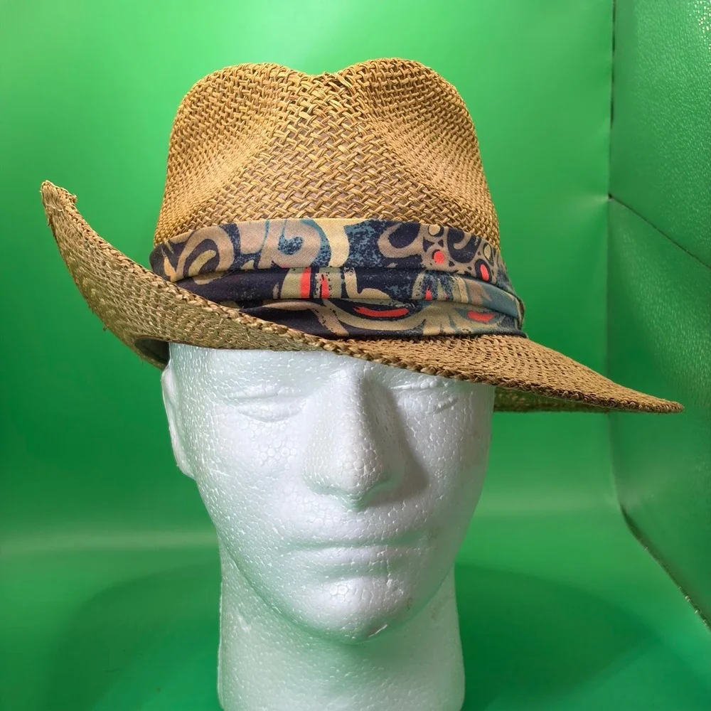 Peter Grimm Straw Fedora Hat Medium Tan Woven Boho Pattern Band Sun Cap USA Made